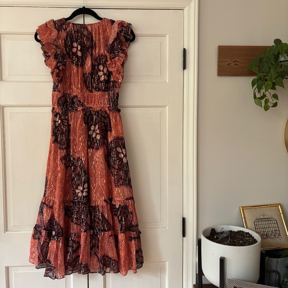 Ulla Johnson Akira Metallic Shibori Silk Printed Midi Dress Coral Pink‎ Size 6 - Picture 14 of 17